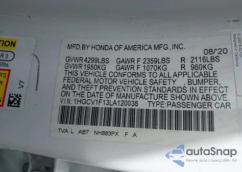 2020 Honda Accord Lx from USA, damaged, VIN 1HGCV1F13LA120038